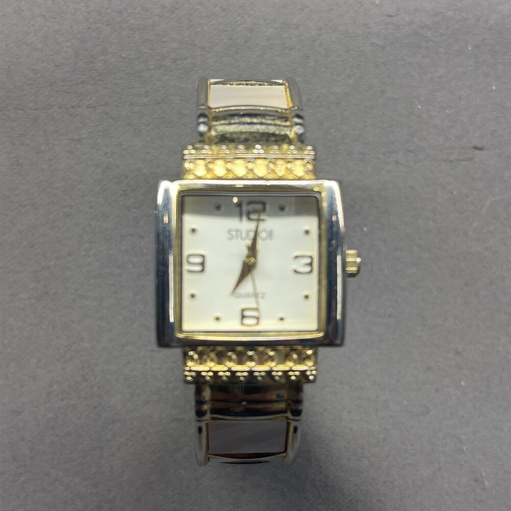 Studio Time Women’s Square Gold Tone Cuff Bangle Quartz Watch Opal Needs Battery